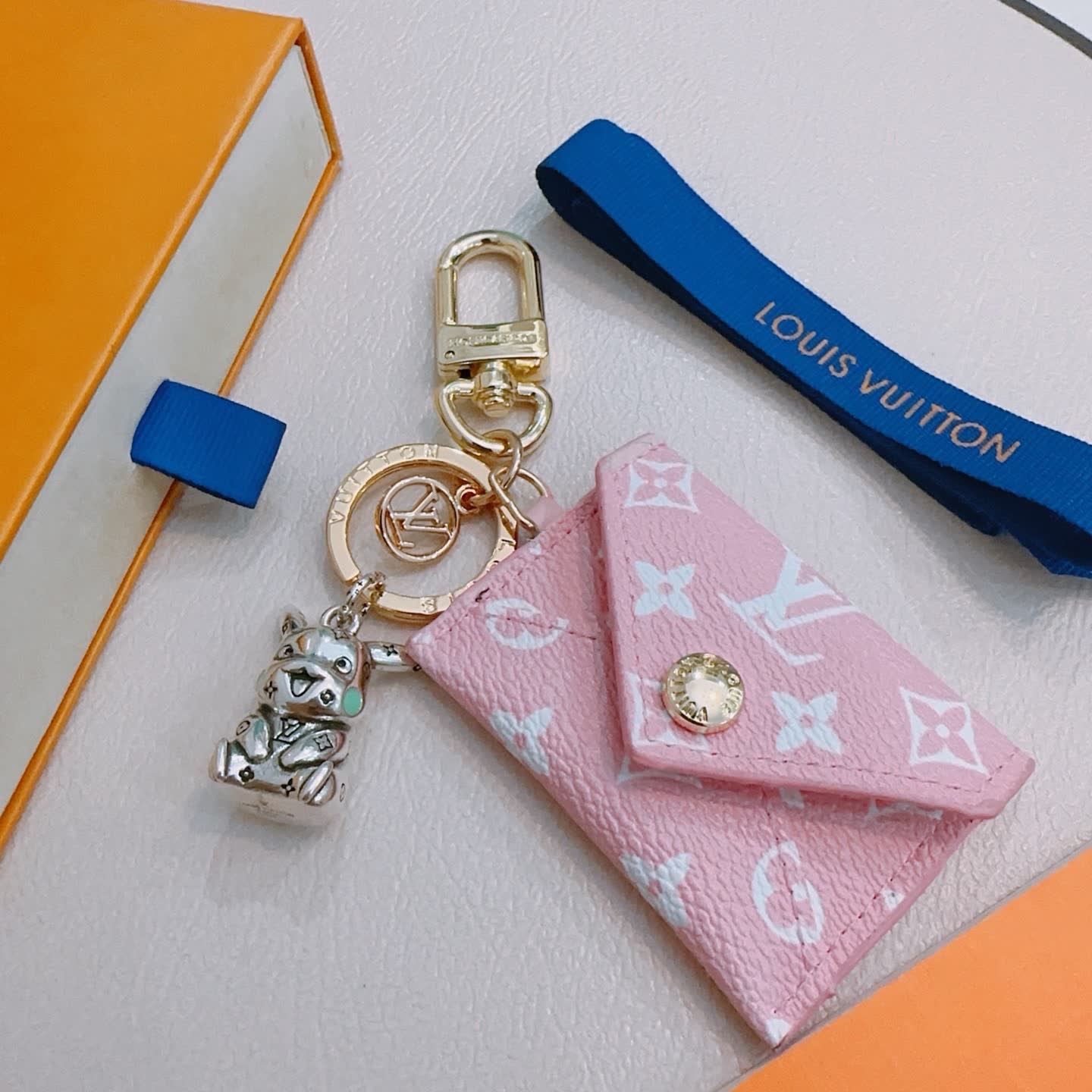 Louis Vuitton Pink Monogram Cardholder with Dog Charm